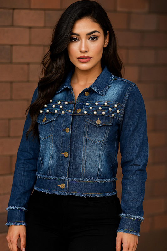 Velxora Women’s Pearl Embellished Blue Denim Jacket – Trendy Casual Wear