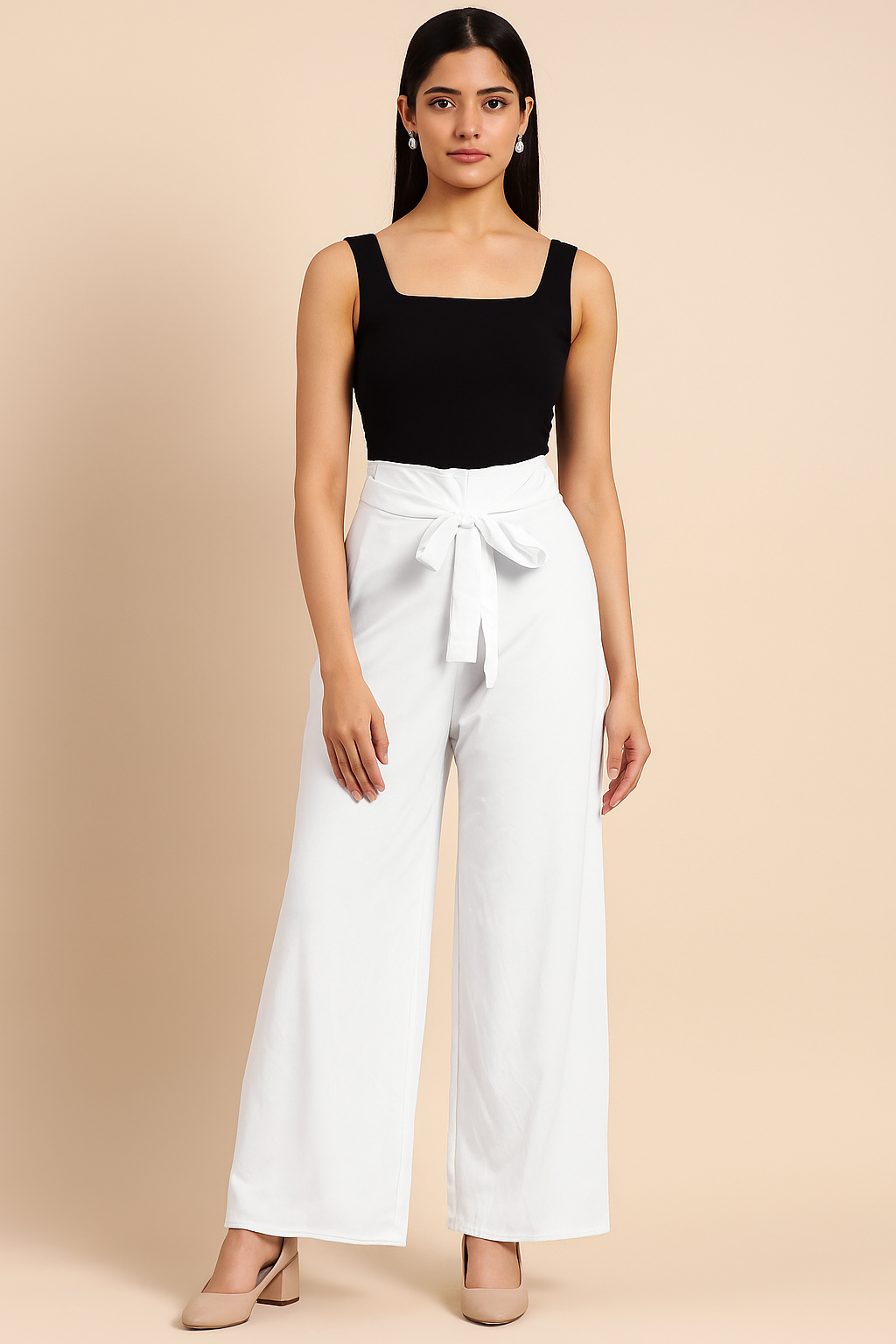 Velxora Women's White High-Waist Palazzo Pants | Stylish Wide-Leg Trousers with Tie-Up Belt | Casual & Office Wear