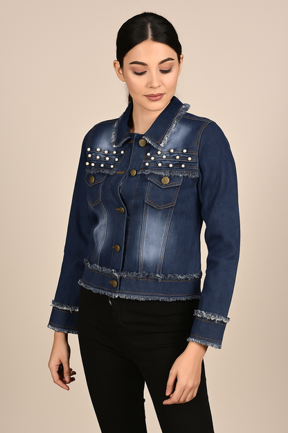 Velxora Women’s Pearl Embellished Blue Denim Jacket – Trendy Casual Wear