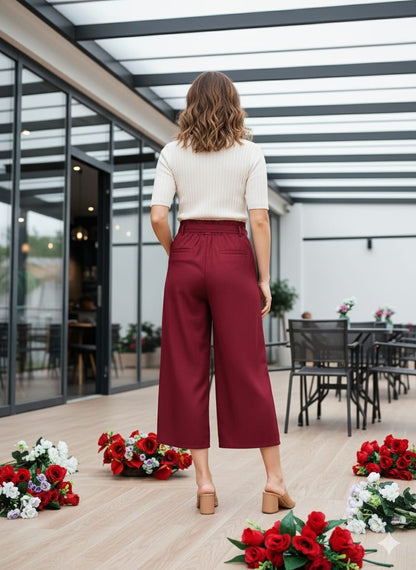 Velxora Women's White High-Waist Palazzo Pants | Stylish Wide-Leg Trousers with Tie-Up Belt | Casual & Office Wear