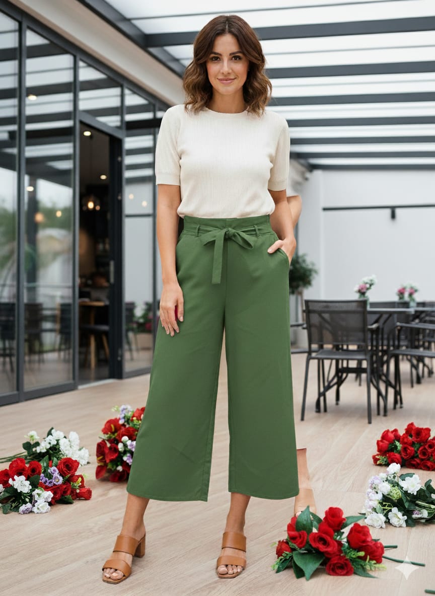 Velxora Women's White High-Waist Palazzo Pants | Stylish Wide-Leg Trousers with Tie-Up Belt | Casual & Office Wear