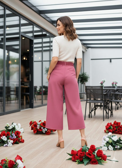 Velxora Women's White High-Waist Palazzo Pants | Stylish Wide-Leg Trousers with Tie-Up Belt | Casual & Office Wear