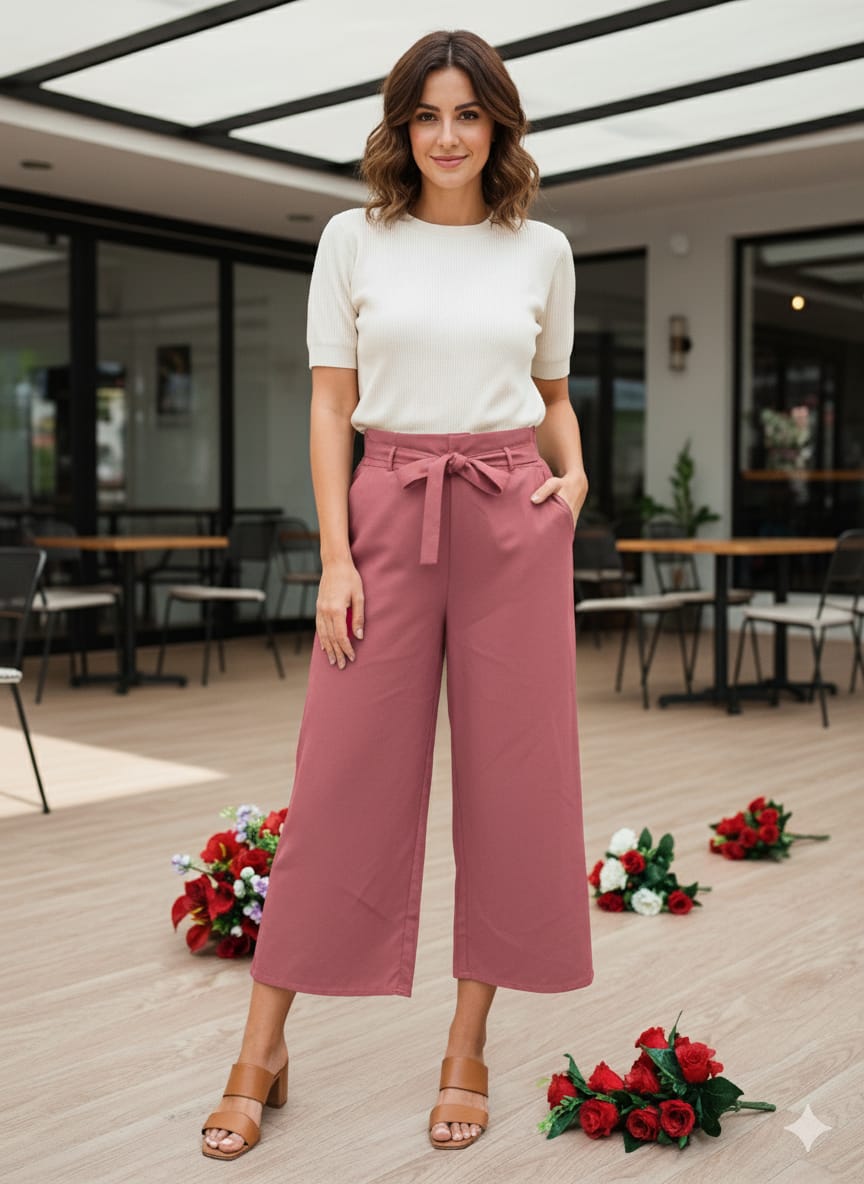 Velxora Women's White High-Waist Palazzo Pants | Stylish Wide-Leg Trousers with Tie-Up Belt | Casual & Office Wear