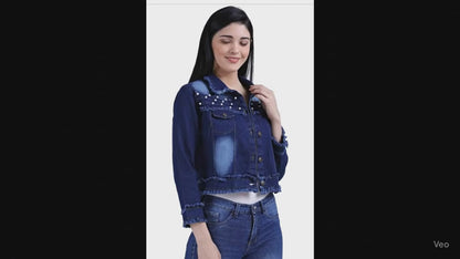 Velxora Women’s Pearl Embellished Blue Denim Jacket – Trendy Casual Wear